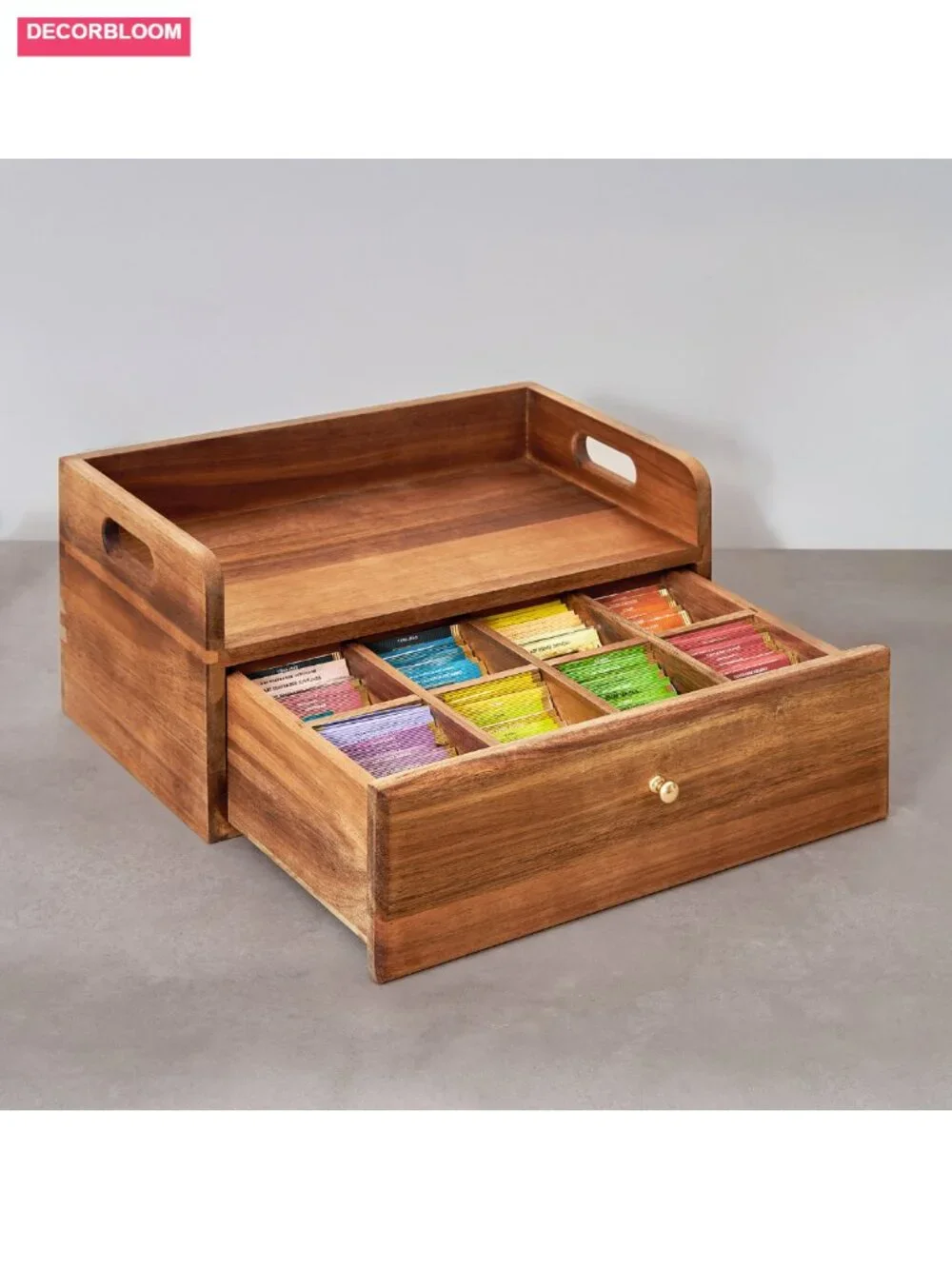 Acacia Wood Tea Bag Organizer with Drawer - 8 Compartments Storage Box